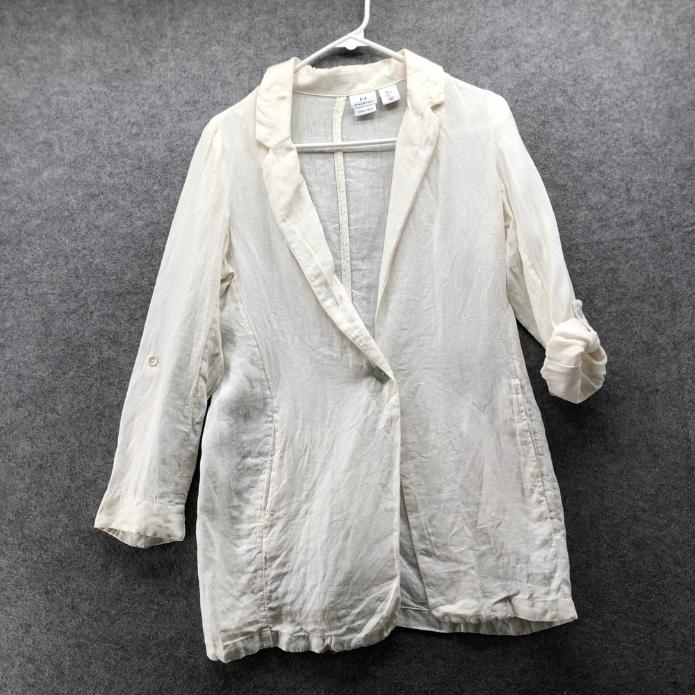 Halston 100% Linen Longline Blazer Womens S White Roll Cuff One Button Boyfriend